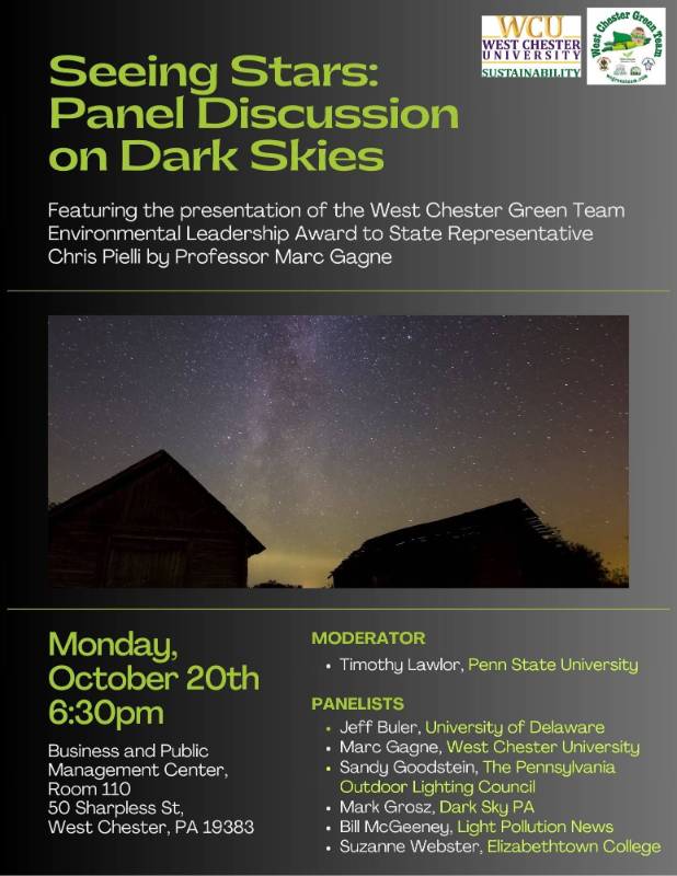 West Chester Green Team panel on Dark Skies 10/20 6:30pm BPMC 110