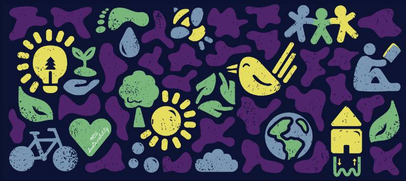A decorative graphic design with elements that represent facets of sustainability.