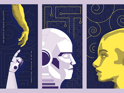 New Three student-designed banners depicting human creativity and the age of artificial intelligence