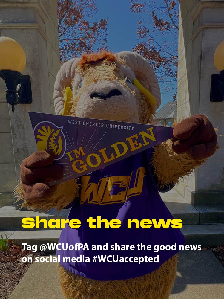 Rammy holding sign with overlay text of 'Share the news - tag @wcuofpa and share good news on social media'