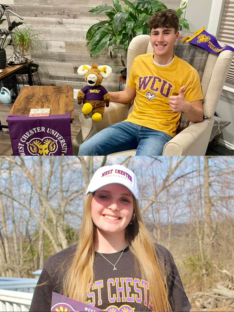2 wcu accepted students posing at home with their WCU swag
