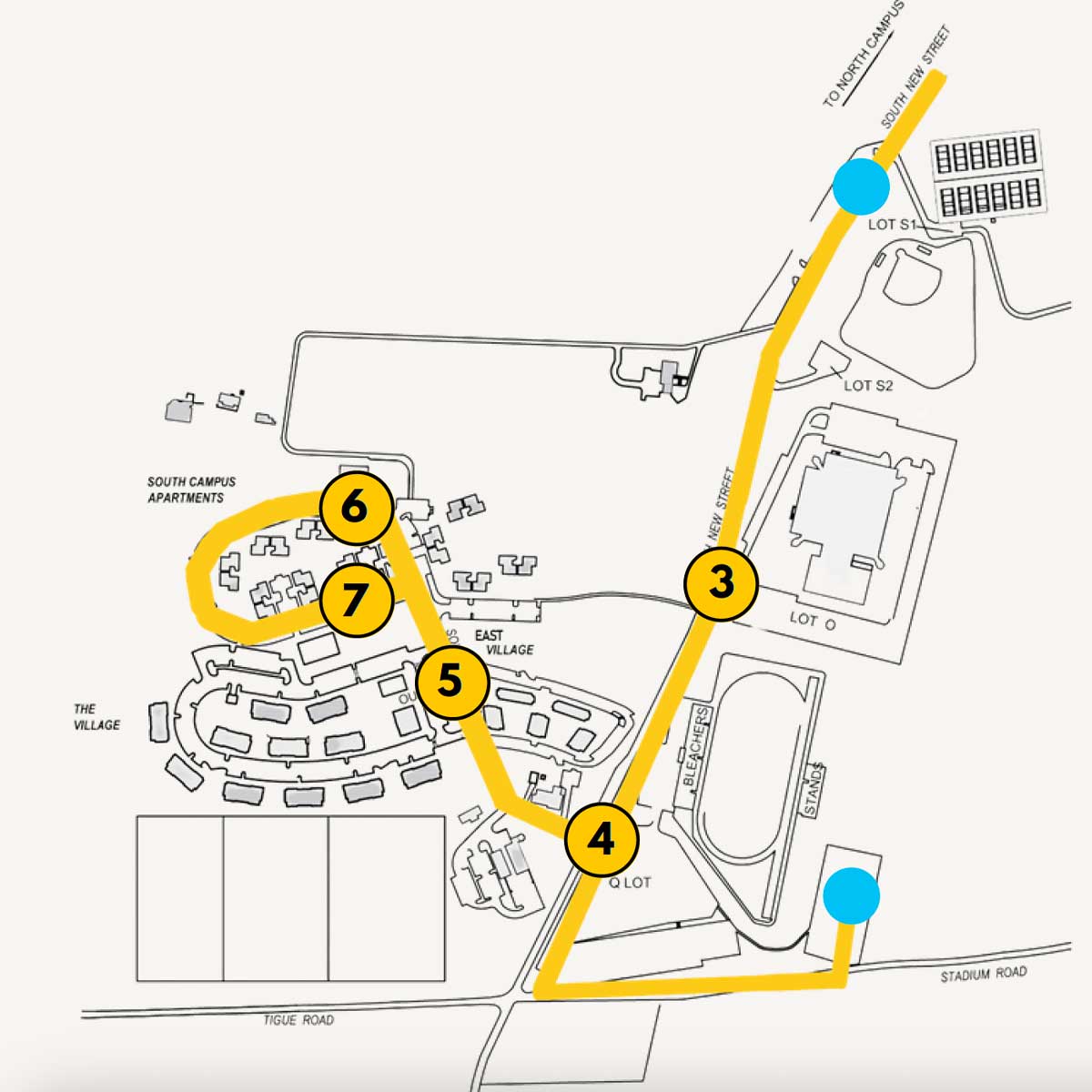 map of the South Campus stops on the Gold Route