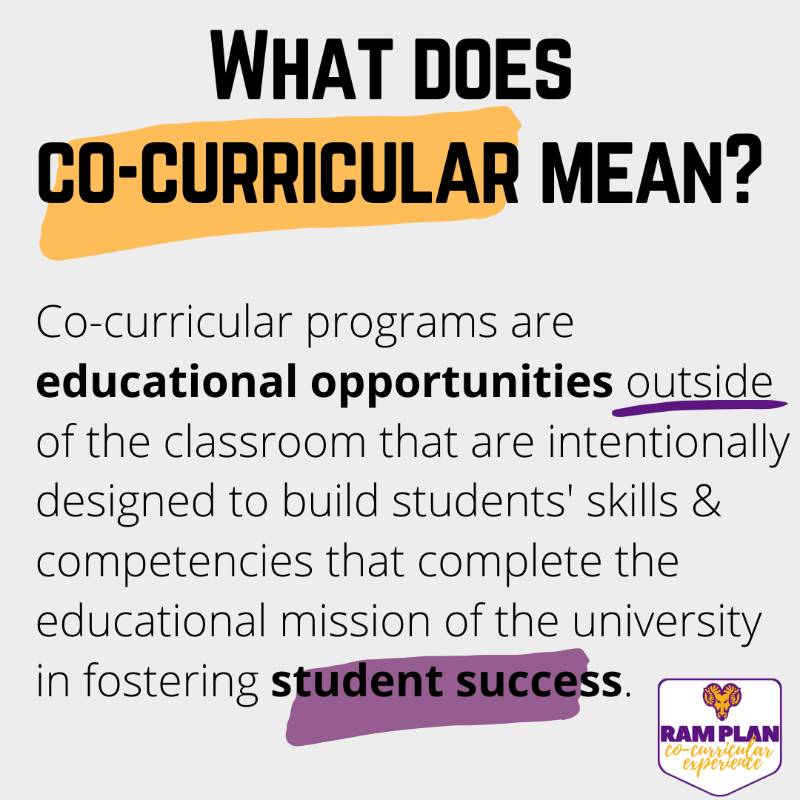 what does cocurricular mean? Co-curricular programs are educational opportunities outside of the classroom that are intentionally designed to build students' skills & competencies that complete the educational mission of the university in fostering student success. 