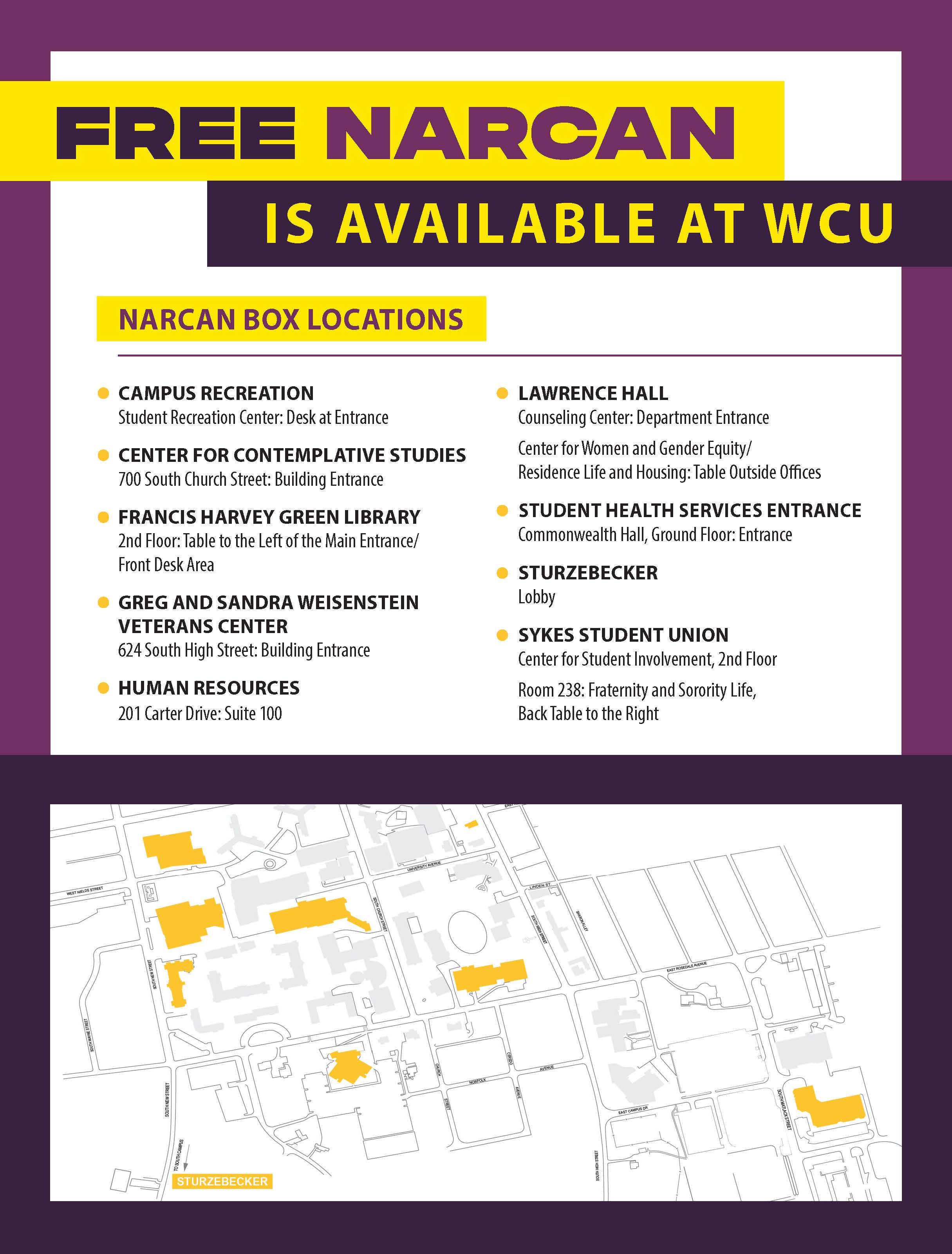 Narcan Box Locations on West Chester University's Main Campus