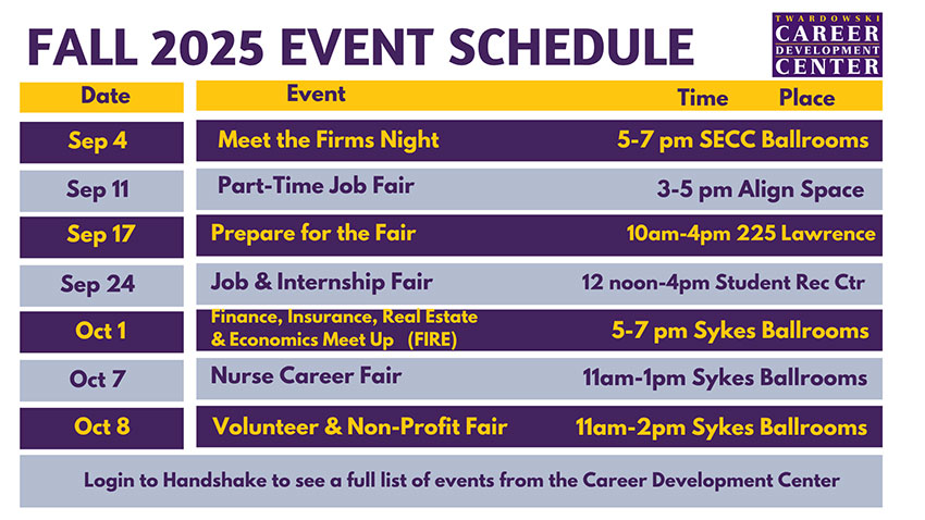 Fall 2025 Event Schedule - Sep 4- Meet the Firms Night -Sep 11 - Part-Time Job Fair - Sep 17 - Prepare for the Fair - Sep 24 - Job & Internship Fair - Oct 1 - Finance, Insurance, Real Estate - Oct 7 - Oct 8 -  Economics Meet Up (FIRE) - Nurse Career Fair - Volunteer & Non-Profit Fair - 5-7 pm SECC Ballroom - 3-5 pm Align Space 10am-4pm 225 Lawrence - 12 noon-4pm Student Rec Ctr - 5-7 pm Sykes Ballrooms 11am-1pm Sykes Ballrooms 11am-2pm Sykes Ballrooms - Login to Handshake to see a full list of events from the Career Development Center