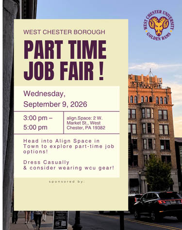 West Chester Borough Part time job fair. Wednesday September 9, 2026 3:00PM-5:00PM, 2 W. Market St. West Chester, PA 19382.