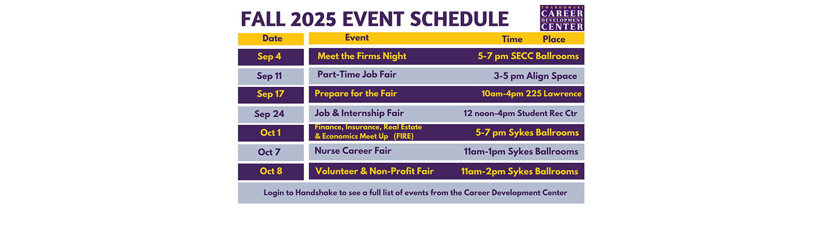 Fall 2025 Event Schedule - Sep 4- Meet the Firms Night -Sep 11 - Part-Time Job Fair - Sep 17 - Prepare for the Fair - Sep 24 - Job & Internship Fair - Oct 1 - Finance, Insurance, Real Estate - Oct 7 - Oct 8 -  Economics Meet Up (FIRE) - Nurse Career Fair - Volunteer & Non-Profit Fair - 5-7 pm SECC Ballroom - 3-5 pm Align Space 10am-4pm 225 Lawrence - 12 noon-4pm Student Rec Ctr - 5-7 pm Sykes Ballrooms 11am-1pm Sykes Ballrooms 11am-2pm Sykes Ballrooms - Login to Handshake to see a full list of events from the Career Development Center