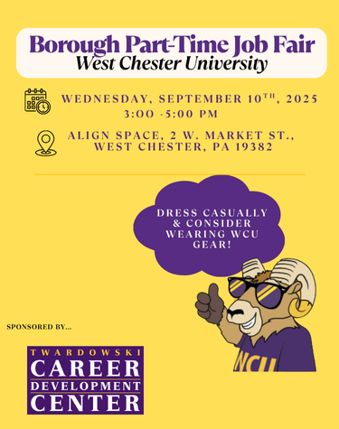  Borough Part-Time Job Fair West Chester University WEDNESDAY, SEPTEMBER 10TH, 2025 3:00-5:00 PM ALIGN SPACE, 2 W. MARKET ST., WEST CHESTER, PA 19382 SPONSORED BY... TWARDOWSKI CAREER DEVELOPMENT CENTER DRESS CASUALLY & CONSIDER WEARING WCU GEAR!