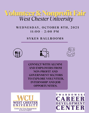  Volunteer & Nonprofit Fair West Chester University WEDNESDAY, OCTOBER 8TH, 2025 11:00 2:00 PM SYKES BALLROOMS CONNECT WITH ALUMNI AND EMPLOYERS FROM NON-PROFIT AND GOVERNMENT SECTORS TO EXPLORE VOLUNTEER, INTERNSHIP AND JOB OPPORTUNITIES. WCU WEST CHESTER UNIVERSITY Center for Civic Engagement & Social Impact TWARDOWSKI CAREER DEVELOPMENT CENTER