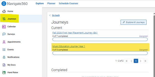 Screenshot with journeys highlighted and Music Education Journey Year 1 highlighted