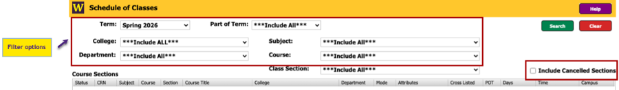 Fig. 3 - Schedule of classes filter box screenshot