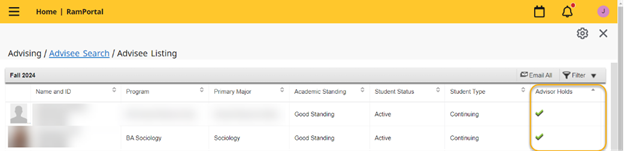Screenshot higlighitng advisor holds column