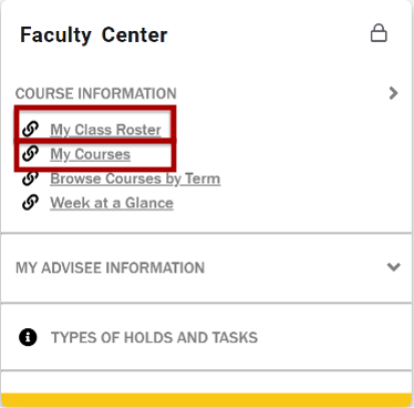 Screenshot of course information list with My Class Roster and My Courses highlighted