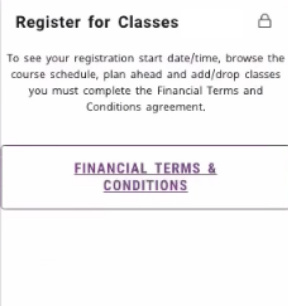 Register for Classes card showing the Financial Terms & Conditions button before the agreement is accepted.