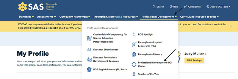 Screenshot of SAS my profile page with arrow pointing to Professional Development link and Professional Development (PD) Center link