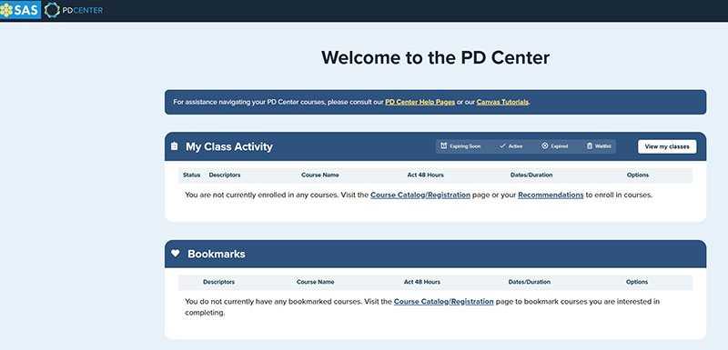 Screenshot of Welcome to the PD Center page