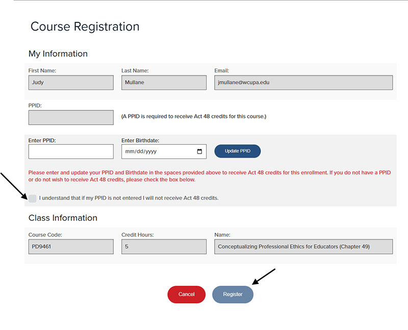 Screenshot of course registration screen with arrow pointing to I understand that if my PPID is not entered I will not receive Act 48 credits and register button