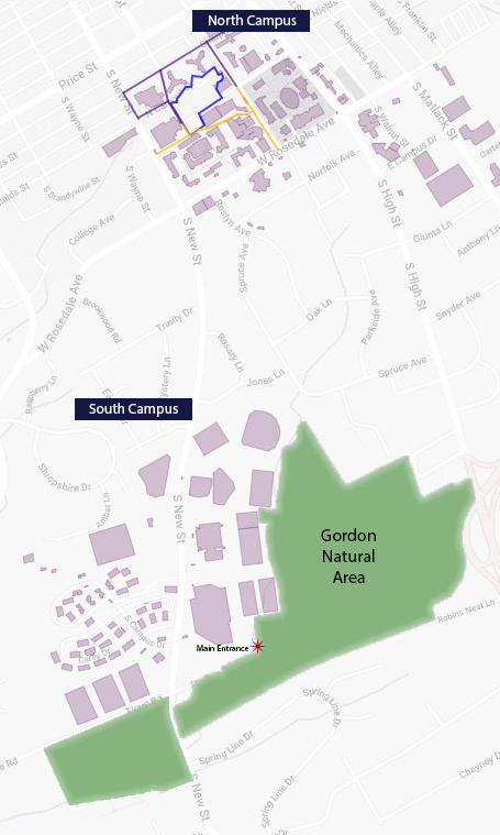 A map showing the location of the Gordon Natural Area within the context of North Campus and South Campus
