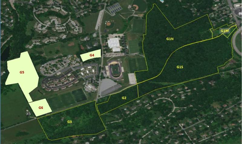 Figure 1.  The five 'Areas' of the Gordon (unshaded) and the three nearby forested fragments (shaded) that were examined in the 2007 Sitewide Survey