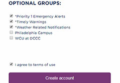 Optional groups including priority 1 emergency alerts, timely warnings, weather related notifications (all checked); Philadelphia Campus (unchecked) and WCU at DCCC (unchecked). Checkbox for agreement with terms and a button to create an account.